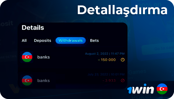 1Win AZ-da hesabınızın bütün maliyyə əməliyyatları haqqında məlumat haqqında