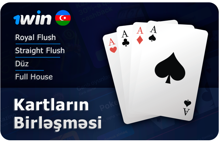 1Win də onlayn pokerdə kartların bütün birləşmələri